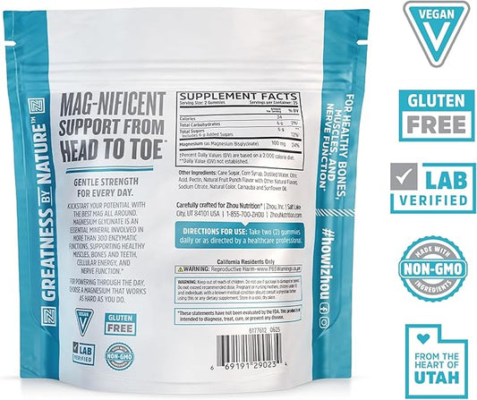Zhou Mag Gly Gummies - Magnesium Glycinate Gummies for Women & Men, Cellular Energy Support, Muscle & Nerve Function Support, Vegan, Gluten Free, Natural Fruit Punch Flavor - 50 Count