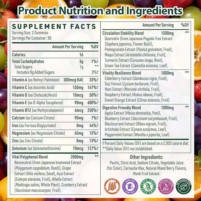Polyphenol Gummies, Plant-Based Formula with Resveratrol, Elderberry, Grape, Turmeric,Green Tea, Cranberry Extract, Vitamins & Minerals, Superfood Blend, Mixed Berry Flavor, 60 Gummies