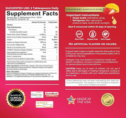 Tropical Oasis Liquid Collagen Glow for Women & Men | 5000mg VERISOL Collagen Peptides + 12500mcg Biotin | Clinically Tested for Thicker Hair, Brighter Skin, Wrinkles & Stronger Nails | 32 Serv