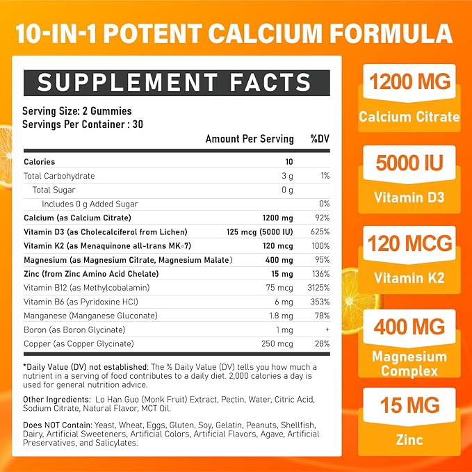 Calcium 1200 mg with Vitamin D3 Supplement for Adults - Calcium Gummies with 5000iu Vitamin D3, K2, B6, B12, Magnesium & Zinc - Calcium Supplement for Women Men - Easy to Digest, Vegan (2 pack)