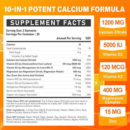 Calcium 1200 mg with Vitamin D3 Supplement for Adults - Calcium Gummies with 5000iu Vitamin D3, K2, B6, B12, Magnesium & Zinc - Calcium Supplement for Women Men - Easy to Digest, Vegan (1 pack)