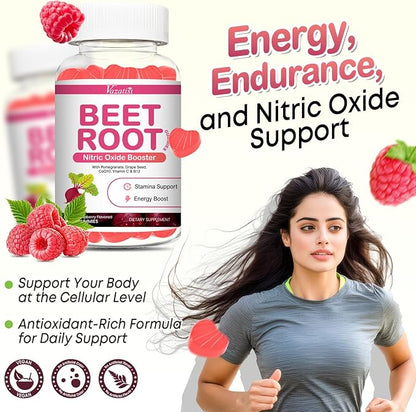 Beet Root Gummies – Nitric Oxide Beetroot Gummies with Coq 10, Grape Seed, Pomegranate for Circulation & Energy Support – Vegan, Non-GMO, 60 Beet Chews
