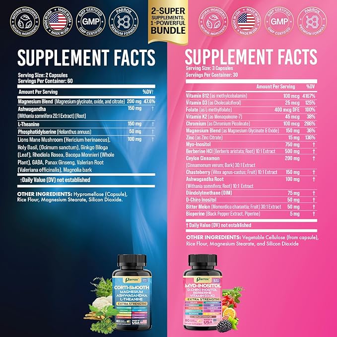Cortisol & Myo-Inositol Supplement Bundle, Soothe & Smooth Bundle, 13-in-1 Cortisol Balance, Magnesium, Ashwagandha, L-Theanine, D-Chiro Inositol, Folate, Berberine, Chasteberry (150 Capsules)