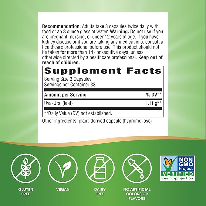 Nature's Way Uva Ursi Leaves, Traditional Urinary Support*, 1,110 mg per 3-Capsule Serving, Non-GMO Project Verified, Herbal Dietary Supplement, 100 Vegan Capsules (Packaging May Vary) - 2 Pack