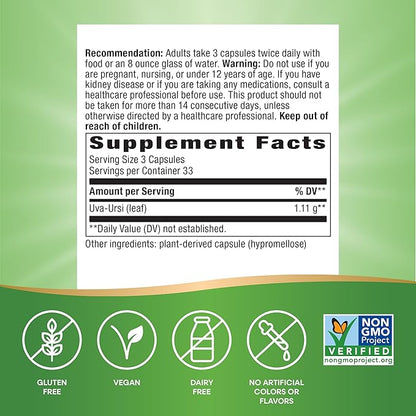 Nature's Way Uva Ursi Leaves, Traditional Urinary Support*, 1,110 mg per 3-Capsule Serving, Non-GMO Project Verified, Herbal Dietary Supplement, 100 Vegan Capsules (Packaging May Vary) - 2 Pack