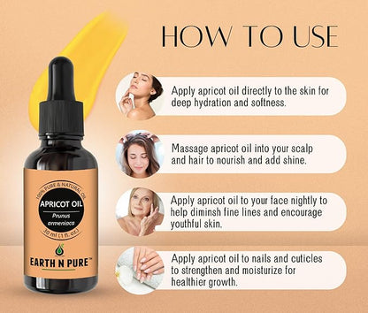 Earth N Pure Apricot Oil (Khumani Oil) Cold Pressed, Natural and Therapeutic Grade 30 ml