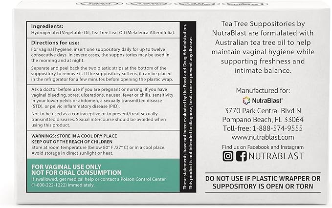 NutraBlast Tea Tree Oil Suppositories (12 Count) | All Natural Intimate Deodorant for Women | Restore Feminine Balance | Made in USA