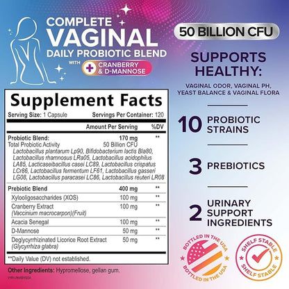 Vaginal Probiotics for Women pH Balance with Prebiotics - 50 Billion CFU - 10 Unique Feminine Strains, Cranberry & D-Mannose for Women's Probiotic Vag Health, Supplement Bottled in USA - 120 Capsules