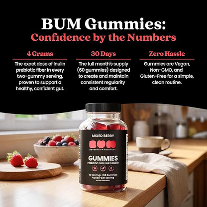 Bum Prebiotic Fiber Supplement for Men - Chicory Root Inulin Prebiotic Fiber Gummies for Men for Peachy Digestive Health, Regularity & Boating Relief - 4g Per Serving - 60 Gummies (30 Servings)