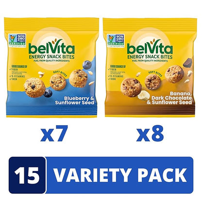 belVita Energy Snack Bites Variety Pack,Banana Dark Chocolate & Sunflower Seed,Blueberry & Sunflower Seed,15 Snack Packs,(Pack of 2)