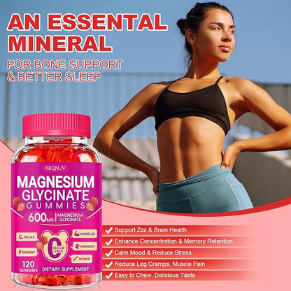 Magnesium Glycinate Gummies 600mg, Chewable Sugar Free Gummies with Magnesium Glycinate, Vitamin D, B6 and CoQ10 for Sleep, Relaxation, Brain and Muscle, 2 Pack