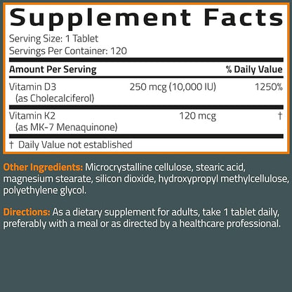 Bronson Vitamin K2 (MK7) with D3 Supplement Extra Strength 2 in 1 Support, 10,000 IU Vitamin D3 & 120 mcg K2 MK-7, 120 Tablets