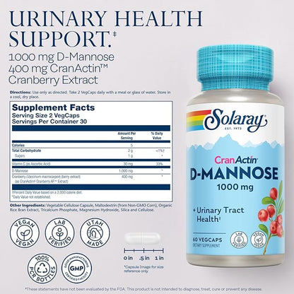 SOLARAY D-Mannose with CranActin Cranberry Supplement 400mg, Urinary Tract Health & Bladder Support Capsules with Vitamin C for Immune Function, Vegan, 60 Day Guarantee, 30 Servings, 60 VegCaps