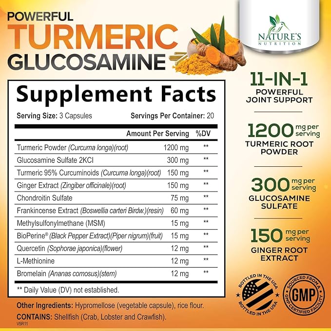 Turmeric Curcumin Supplement - 95% Curcuminoids with Glucosamine, Ginger & MSM, BioPerine Black Pepper Extract for Best Absorption, Natural Vegan Joint Support, Non-GMO, Bottled in USA - 60 Capsules