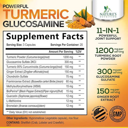 Turmeric Curcumin Supplement - 95% Curcuminoids with Glucosamine, Ginger & MSM, BioPerine Black Pepper Extract for Best Absorption, Natural Vegan Joint Support, Non-GMO, Bottled in USA - 60 Capsules