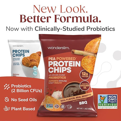 Wonderslim Protein Chips with Probiotics, BBQ | 12g Plant Protein, 170 Cal | High Protein Chips, Vegan, Gluten Free, Non-GMO | Made with Avocado Oil, No Seed Oils | 12 Pack