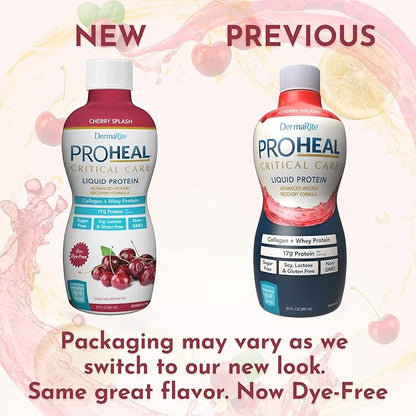 DermaRite's ProHeal Protein Supplement - Liquid Protein Wound Recovery Formula, 15g of Collagen & Whey Protein - Cherry Splash Flavor, 30 oz., 6 Count