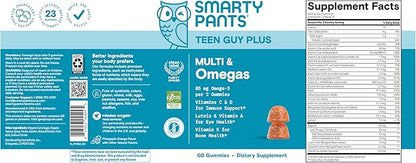 SmartyPants Teen Guy Plus Multi & Omegas Multivitamin Gummies with Omega 3 DHA/EPA, Vitamins D3, C, B12, B6, A, K, Zinc, Folate, Gluten Free, Clean Label, Pineapple Orange, 60 Gummies (30 Day Supply)