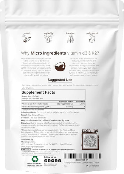 Micro Ingredients Vitamin D3 10,000 IU + K2 MK-7 200 mcg, 300 Softgels with Virgin Coconut Oil | 2-in-1 Vitamins D & K Complex | Extra Strength, Easy to Swallow, Non-GMO, Gluten Free