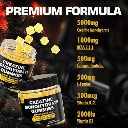 EnvyCure Creatine Monohydrate Gummies for Men & Women - with BCAA, Collagen Peptides, L-Taurine, Vitamin B12, D3, Creatine Monohydrate 5000mg (5g) Per Serving, Lemon Flavor, Sugar Free, 1 Pack