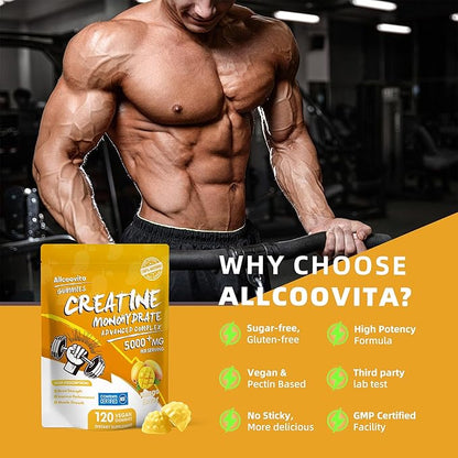 Allcoovita Creatine Monohydrate Gummies 5g for Men & Women. Boost Focus,Strength, and Endurance, Anti-Melting Formula, Vegan, Gluten-Free, Non-GMO,(Mango 120 ct)