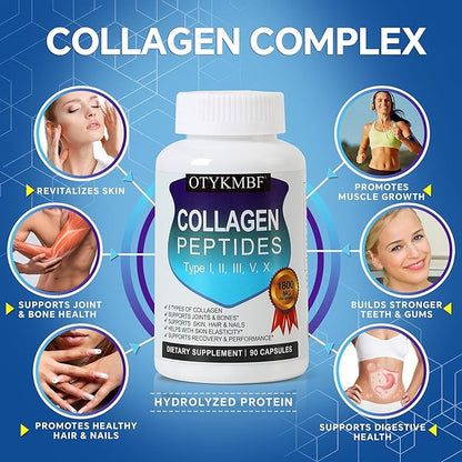 Multi Collagen Peptides Pills 1800mg, Type I, II, III, V, X - Hydrolyzed Premium Collagen Complex Supports Skin, Joints, Hair & Nails, Hydrolyzed Protein for Women Men, 90 Capsules