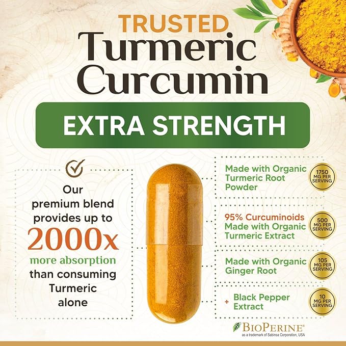 Turmeric Curcumin Supplement 2350mg - 95% Curcuminoids with Organic Turmeric & Ginger, BioPerine Black Pepper for Best Absorption, Nature's Vegan Joint Support, Non-GMO, Bottled in USA - 240 Capsules