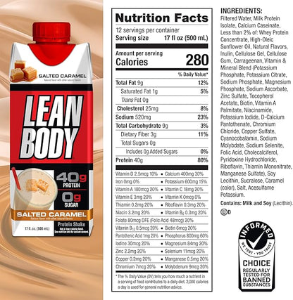 Lean Body Ready-to-Drink Salted Caramel Protein Shake, 40g Protein, Whey Blend, 0 Sugar, Gluten Free, 22 Vitamins & Minerals, 17 Fl Oz (Pack of 12)