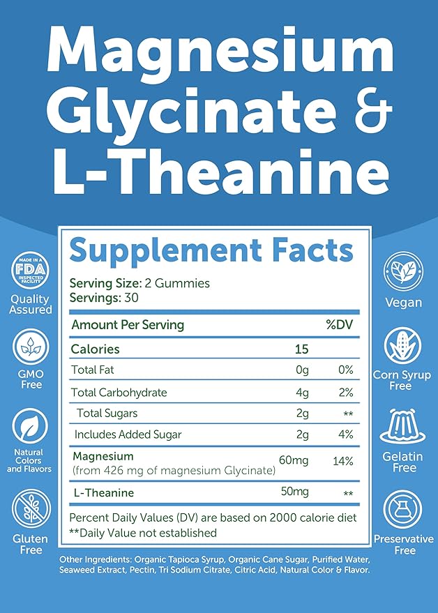 Lunakai USA Made Magnesium Glycinate Gummies with L-Theanine for Kids & Adults – 420mg Magnesium Supplement for Calm, Sleep & Stress Support, 60ct