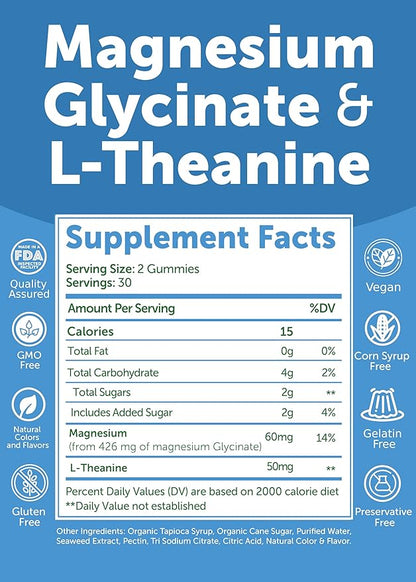 Lunakai USA Made Magnesium Glycinate Gummies with L-Theanine for Kids & Adults – 420mg Magnesium Supplement for Calm, Sleep & Stress Support, 60ct