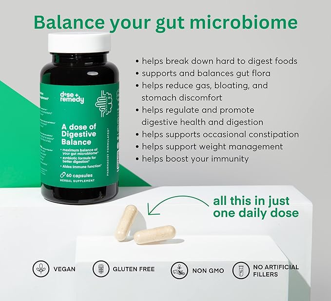A dose of Digestive Balance-Gut Health Supplement-USDA-Kombucha, 7 Probiotic Strains and Prebiotics for Microbiome-Digestive Enzymes for Digestion-Bloating Relief for Women and Men (60 Count)