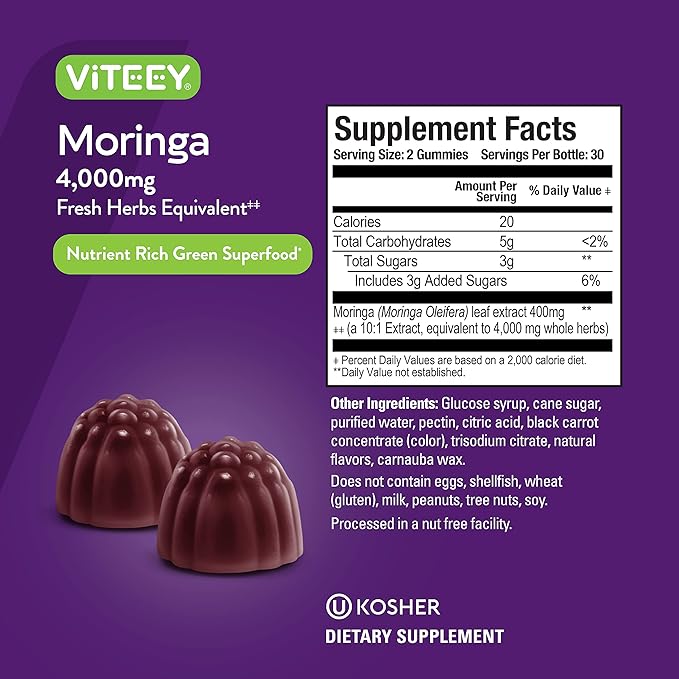 Viteey Moringa Gummies - 4,000mg [from 400mg of 10:1 Extract] of Moringa Supplement Super Greens Gummies - Antioxidant Wellness and Digestive Support - Vegan, Gluten Free - 60 Count