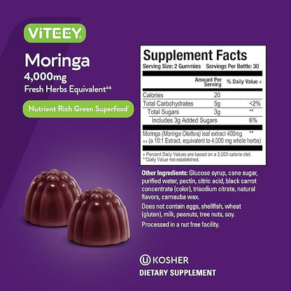 Viteey Moringa Gummies - 4,000mg [from 400mg of 10:1 Extract] of Moringa Supplement Super Greens Gummies - Antioxidant Wellness and Digestive Support - Vegan, Gluten Free - 60 Count