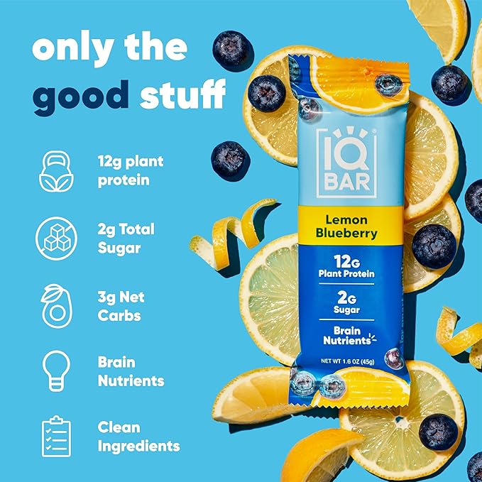 IQBAR Clean Plant Protein Bars - Lemon Blueberry - 12 Count - Keto, Vegan, High Fiber, Gluten and Dairy Free, Low Sugar Snack - Brain and Body Nutrients for Focus, Energy, Meal Replacement