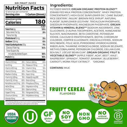 Orgain Organic Kids Nutritional Protein Shake, Fruity Cereal - Kids Snacks with 8g Dairy Protein, 22 Vitamins & Minerals, Fruits & Vegetables, Gluten Free, Soy Free, Non-GMO, 8.25 Fl Oz (Pack of 12)
