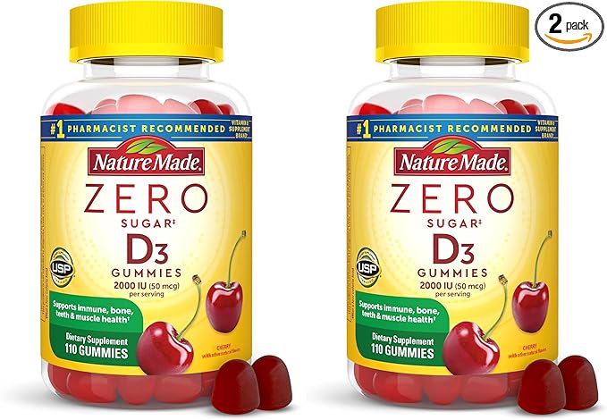 Nature Made Zero Sugar Vitamin D3 Gummies 2000 IU (50 mcg) Per Serving, Bone & Immune Support, Aspartame Free, 110 Vitamin D Gummies, 55 Day Supply, (Pack of 2)