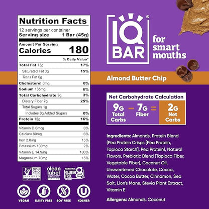 IQBAR Clean Plant Protein Bars - Almond Butter Chip - 36 Count - Keto, Vegan, High Fiber, Gluten and Dairy Free, Low Sugar Snack - Brain and Body Nutrients for Focus, Energy, Meal Replacement