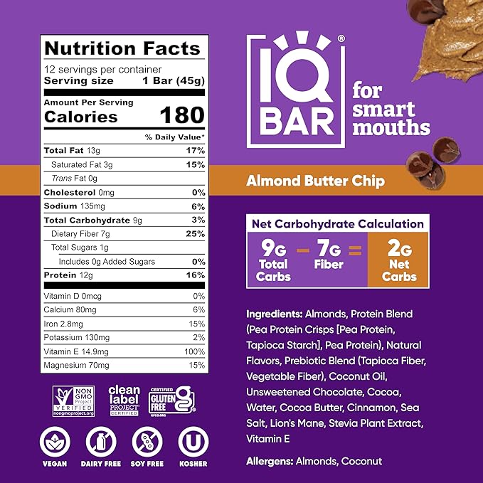 IQBAR Brain Body Keto Protein Bars - Almond Butter Chip Bars 12 - Count Energy Bar - Low Carb High Fiber Vegan Bars Low Sugar Meal Bars - Vegan Snacks