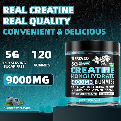 Creatine Monohydrate Gummies 9000mg for Men & Women, Potent Creatine Supplement 5g Chewables Creatine Per Serving, Pre-Workout Gummies for Enhanced Strength, Energy & Muscle Growth - 120 Count