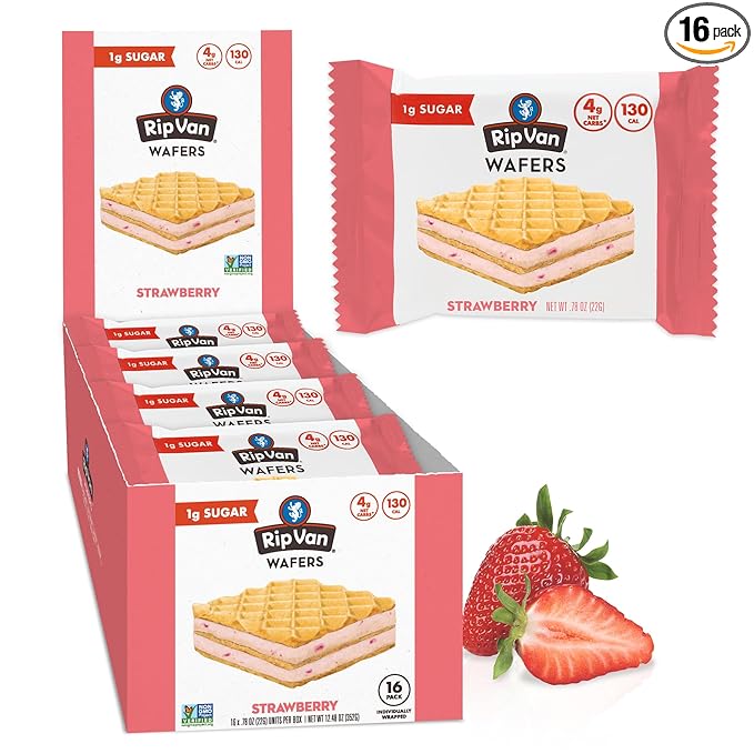 Rip Van Strawberry Keto Wafer Cookies - Healthy Vegan Snacks - Non GMO, Low Sugar (1g), Low Calorie - 16 Count