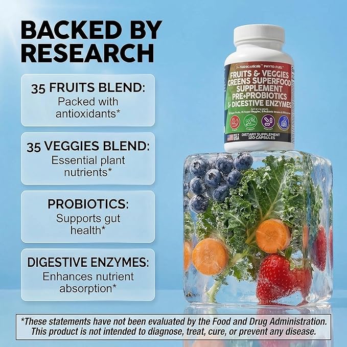 Clean Nutraceuticals Fruits and Veggies Supplement Reds & Green Superfood - Balance of Over 70 Fruit & Vegetable Supplements Capsules with Probiotics Prebiotics Digestive Enzymes - 120 Ct USA