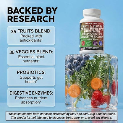Clean Nutraceuticals Fruits and Veggies Supplement Reds & Green Superfood - Balance of Over 70 Fruit & Vegetable Supplements Capsules with Probiotics Prebiotics Digestive Enzymes - 120 Ct USA