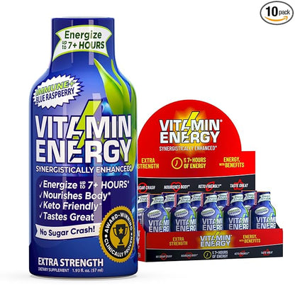Vitamin Energy Immune+ Extra Strength Energy Shot Blue Raspberry 10 Pack, 260mg Natural Caffeine, B-Vitamins, Citicoline, Green Tea, Immunity & Focus Support, Zero Sugar, Gluten-Free 1.93 fl oz
