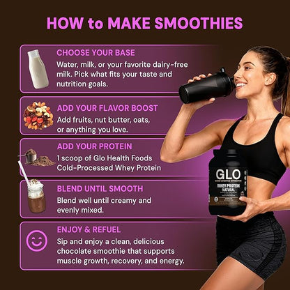 GLO Health Foods Cold Processed Whey Protein - Chocolate Flavor - 24g Protein per Serving - Whey with Digestive Enzymes & BCAAs - Supports Muscle Growth, Strength & Recovery - 2 LB (28 Servings)