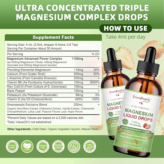 GREENPEOPLE Magnesium Glycinate Liquid Drop - 17-in-1 4Fl. Oz Triple Magnesium Complex Supplement with Glycinate 400mg & Citrate 500mg Taurate/L-Theanine for Calm Mood/Muscle/Sleep,Strawberry -2 Pack