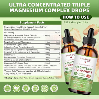 GREENPEOPLE Magnesium Glycinate Liquid Drop - 17-in-1 4Fl. Oz Triple Magnesium Complex Supplement with Glycinate 400mg & Citrate 500mg Taurate/L-Theanine for Calm Mood/Muscle/Sleep,Strawberry -2 Pack