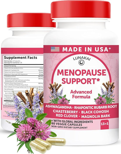 Lunakai USA Made Natural Menopause Supplements for Women – 13-in-1 Menopause Relief for Hot Flashes, Night Sweats, Sleep & Mood Support, 60ct
