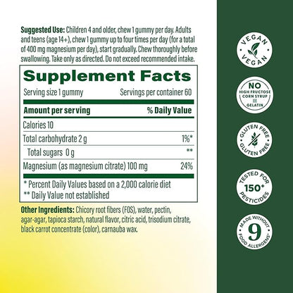 MegaFood Magnesium Citrate Gummies, High Absorption Magnesium Supplement for Adults, Teens & Kids, Supports Nerve Health, Normal Sleep Cycle & Occasional Muscle Cramps, 60 Vegan Gummies, 60 Servings