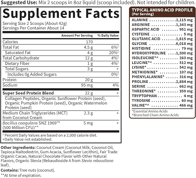 Garden of Life Grass Fed Collagen Protein Powder - Chocolate, 14 Servings, Powder for Joints Mobility Muscle Repair, Collagen Peptides + Super Seeds + Coconut MCTs, Keto Supplement