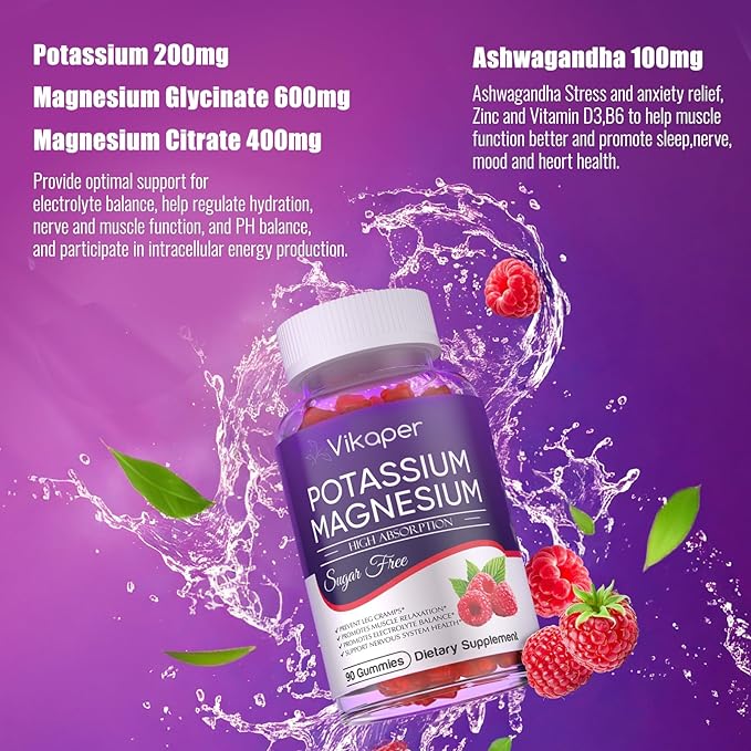 Potassium Magnesium Gummies 1200 mg for Adults Sugar-Free High Absorption Magnesium Glycinate Supplement,Supports Leg Cramps,Muscle,Heart Health,Non-GMO Magnesium Gummy Raspberry Flavor 90 Count
